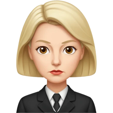 Profesora adulta  dominante, con expresión severa y mirada intimidante. Cabello suelto, liso y peinado con raya de lado al estilo clásico de señora. Rostro duro, cejas fruncidas y labios apretados, uniforme maestra sticker