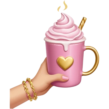 Chocolate caliente rosa con nata y brillos una mano sosteniéndolo con pulseras doradas sticker