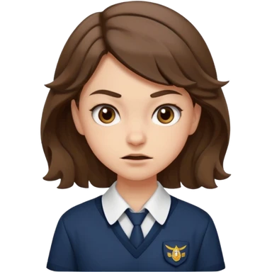 Niña adolescente con expresión maliciosa, media sonrisa torcida y ceja levantada, mirada burlona y desafiante. Pelo corto, ondulado, color castaño,  con actitud rebelde , uniforme escolar sticker