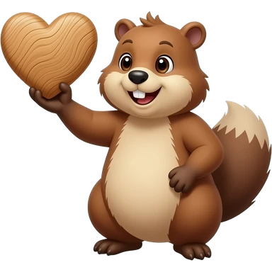 Beaver holding up a wood heart sticker