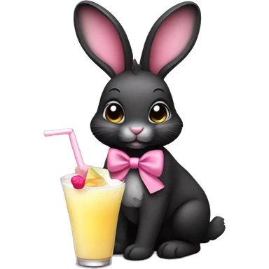 Cute Black rabbit, with big ears, wearing a pink bow, holding a pina colada sticker