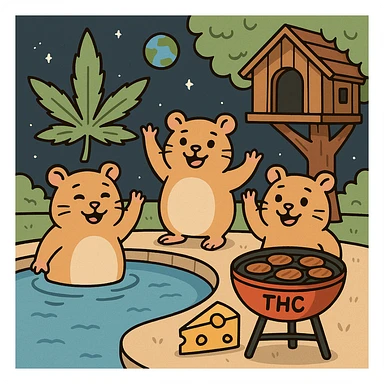 Discord server icon, 512x512 px, square format, summer pool cookout scene with up to 3 hamsters waving and smiling, weed leaf, cheese, and THC theme, near a treehouse, in space. Flat toon style, soft but colorful, bold outlines, nostalgic, fun, inviting, summer party vibe, clear composition, less vibrant colors, crisp details, designed to look good even at tiny size. sticker
