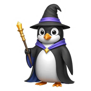 penguin wearing wizard hat and robe, holding magic wand sticker
