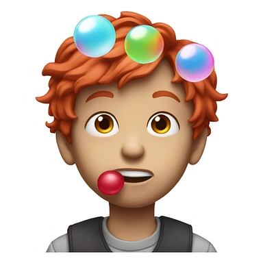 boy with red hair while blowing a ggum sticker