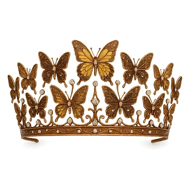 butterfly crown with a copper base, butterflies in bronze and gold enamel, sparkling gems, transparent background sticker