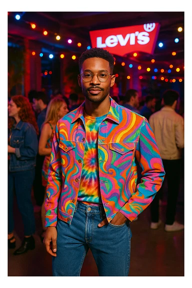 A stylish man in mesmerizing, colorful clothing at a Levi's party, incorporating denim jeans and a fun, social setting. sticker