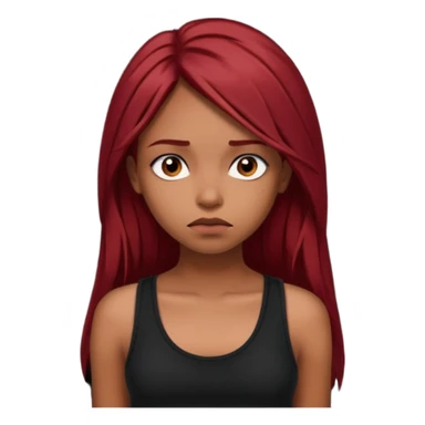 a brown girl with straight long dark red hair, black tank top, . Looking sad sticker