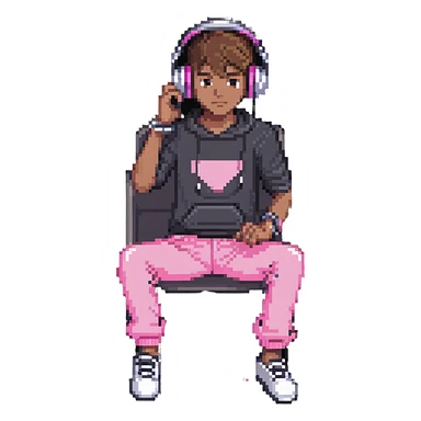 boy in pink pants sitting at a computer listening to music with headphones sticker