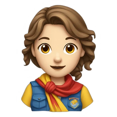 A scout girl with Brown hair with a knotted RED AND YELLOW scarf and a blue scout shirt sticker