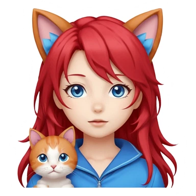 cute anime girl with cat ears, red blowing hair sticker