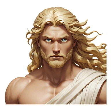 Cinematic Realistic Thor Portrait, depicted as a classical Greek god with a chiseled, sculpted physique reminiscent of ancient marble statues. His fair, luminous skin carries a subtle golden sheen, and his long, wavy, sun-kissed golden hair flows elegantly around his noble face, accentuating his determined, piercing eyes. Draped in a flowing white toga with delicate golden accents and hints of lightning motifs, the portrait is rendered in dynamic natural lighting with a radiant, mythic glow that exudes timeless strength and divine grace. sticker