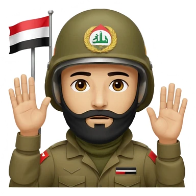 surrenders, depicts an Iraqi soldier from 1980, with a beard, in a helmet, a helmet with sign flag Iraq, with a balaclava, with sad eyes and both hands raised up sticker