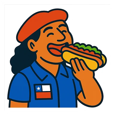 vibrant toon style of a Chilean person happily eating a completo hot dog sticker