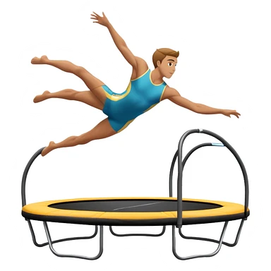 An athletic person soaring high above a trampoline, executing an acrobatic flip with perfect form. The scene captures motion and energy, with a dynamic pose, stretched limbs, and a focused expression. The background suggests a professional trampoline arena with safety padding. sticker