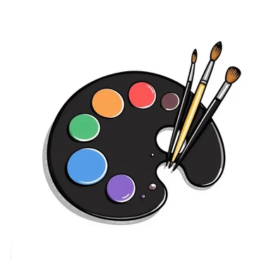 Detailed artist's palette with colorful paint blobs, palette holes, and paintbrushes nearby. Detailed and intricate doodle style. sticker