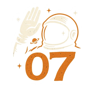 Logo estilizado de saludo o7 con silueta de mano y casco de astronauta, detalles espaciales y toque rebelde, colores oscuros sticker