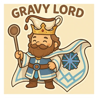 Add a white and blue cape flowing behind Gravy Lord, matching the colors and pattern of the attached reference image. Maintain the whimsical, regal style with the gravy boat crown and ladle scepter as key elements. The cape should complement the character's design and enhance the regal appearance. sticker