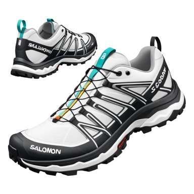 White Salomon XT-6 Gore-Tex sneakers as a pair with one shoe positioned behind the other, iOS emoji style, featuring trail running design with zigzag overlays and aggressive sole sticker