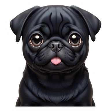 Cinematic Cute Black Pug Portrait Emoji, Head tilted playfully and inquisitively, featuring a glossy black coat with a smooth finish, round, sparkling dark eyes filled with curiosity, Simplified yet irresistibly adorable features, highly detailed, glowing with a warm, friendly glow, high shine, affectionate and lively, stylized with a touch of whimsy, bright and endearing, soft glowing outline, capturing the essence of a mischievous yet loving pup, so playful it feels like it could bounce out of the screen and into your arms! sticker