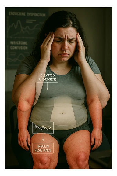cinematic realistic in italiano Woman with PCOS struggling with hormonal chaos, transparent overlay showing elevated androgens and insulin resistance affecting her body, lipedema causing disproportionate fat accumulation in legs and arms despite normal torso, expression of frustration with unexplained weight gain, medical charts showing complex endocrine dysfunction, painful swollen limbs contrasting with metabolic confusion sticker