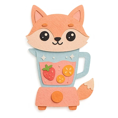 full-body cute fox-shaped blender with see-through body showing fruity smoothie, sparkling eyes, pastel pink, paper craft style sticker