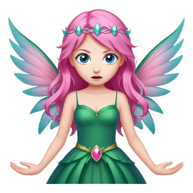 Blue eyed long pink hair, pink wing fairy in green dress: anger sticker