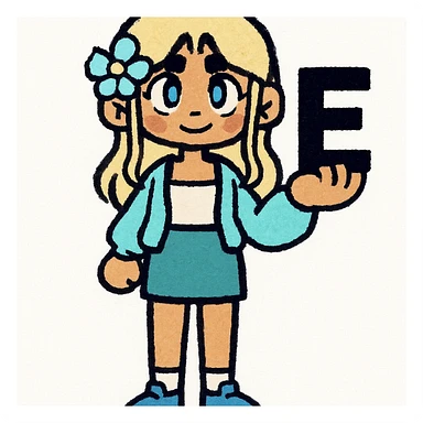 Add a bold black letter E in the character's right hand, keeping the original style and pose intact. Only add the letter, do not change anything else. sticker