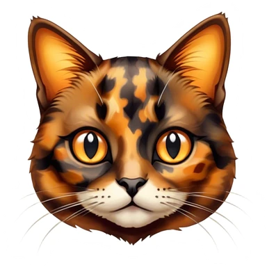 Cinematic Cute Tortoiseshell Cat Portrait Emoji, Head cocked sweetly with bright, curious eyes and a cuddly, mottled fur of rich browns and blacks, simplified yet charmingly adorable, highly detailed, glowing with a warm, gentle radiance, high shine, playful and endearing, styled with a dash of whimsical feline magic, soft glowing outline, capturing the essence of a cute tortoiseshell cat that seems ready to pounce with affectionate mischief! sticker