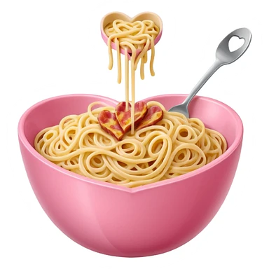 Spaghetti carbonara, in a pink bowl, the bowl should be heartshaped sticker