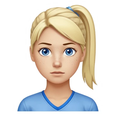 Just a head, blonde hair with lowlights in a ponytail, blue eyes, some freckles, a little older female ready to get some tasks done at work, no bod sticker