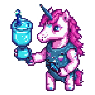 neon pink unicorn with a glass cannon, pixel art, retro game style sticker