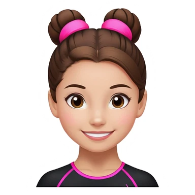Happy female gymnast with brown hair in a neat bun, wearing a black uniform with neon pink elements. sticker