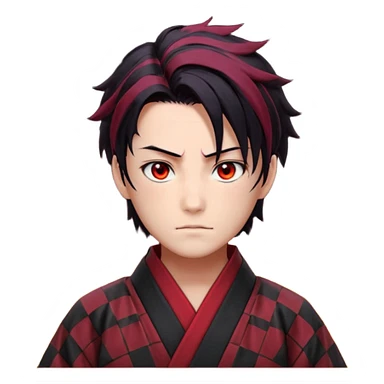 “Tanjiro Kamado, burgundy eyes, black hair with red tips, ember-textured scar, checkered haori, ultra-detailed anime realism, sharp strands, glowing highlights, 8k cinematic look.” sticker