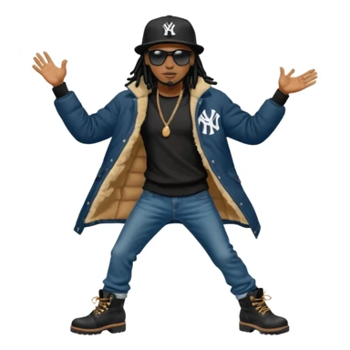 African American man with shoulder length black dreadlocks and black sunglasses wearing a black New York Yankees baseball hat  bubble winter coat with denim skinny jeans and timberland boots dancing sticker