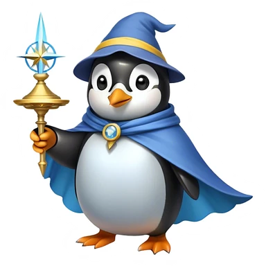 A magical explorer penguin wearing a yellow hat and a flowing cape, holding a floating enchanted compass that glows with blue arcane energy, guiding its way. The penguin looks determined, blending mystery and adventure. sticker