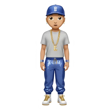 Eminem with periwinkle sequin baggy pants, shirtless with necklace sticker