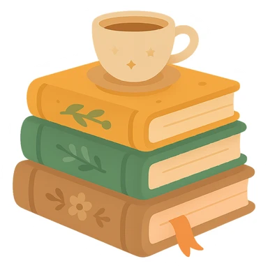 A cute stack of books with a cozy and magical vibe, each book bound in soft, harmonious colors: golden orange (FA9B41), forest green (4A7C5C), warm taupe brown (96775A), and pastel peach (FFCC9A). The books are slightly worn with rounded corners and decorative covers featuring tiny stars, floral motifs, or whimsical patterns. A ribbon bookmark peeks out from one, and a small cup of tea or magical trinket rests on top of the stack. The lighting is warm and gentle, with a dreamy, storybook feel. The overall scene feels inviting, charming, and gently enchanted sticker