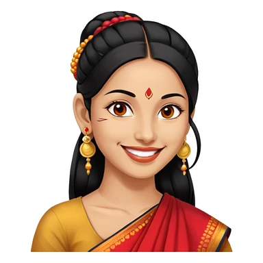 Phụ nữ 35 tuổi, da vàng, tóc buộc dài màu đen, có chấm đỏ bindi trên trán, mặt cười tươi, đeo khuyên tai tròn to bằng vàng, nửa thân trên sticker