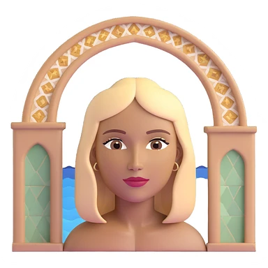 close-up of a woman's face with darker blonde straight hair, light brown skin, with the three iconic arches of Atalaia Beach (Aracaju-SE) prominently displayed very close in the background, middle arch taller with round tops, made of tiles sticker