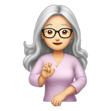 Chinese senior lady wear glasse has long hair show love gesture sticker