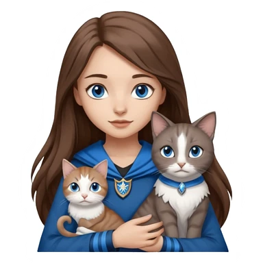 gorgeous Girl with light skin, blue eyes, long brown hair, wears a ravenclaw outfit, with a grey and white cat holding in her arms sticker
