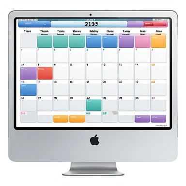 front-facing iMac showing a day schedule with vertical hours and horizontal client slots, several slots filled with color to indicate bookings sticker