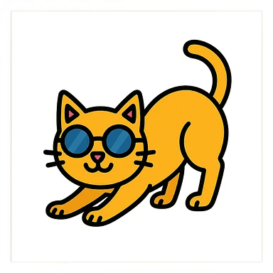 Cat wearing sunglasses in a playful stretching pose, color outline icon style, no background. sticker
