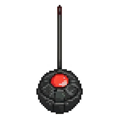 Remote control bomb, black round bomb with antenna and red button, pixel art style sticker