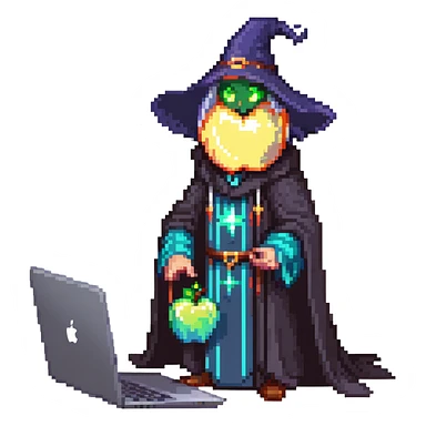 powerful wizard coding on an Apple laptop, glowing magical aura surrounding him, confident expression, looks like the ultimate boss of coding, wearing impressive dark robe sticker