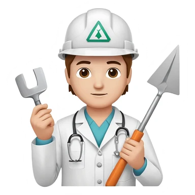 Brick mason wearing a hard hat but in a doctors gown emoji holding a triangle shaped trowel sticker