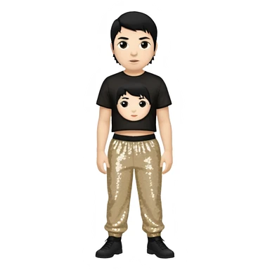 Chino Moreno with black hair, black sequin crop top, beige sequin baggy pants sticker