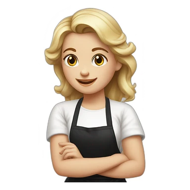 Slavic girl in a white T-shirt and black apron waves her right hand and smiles sticker