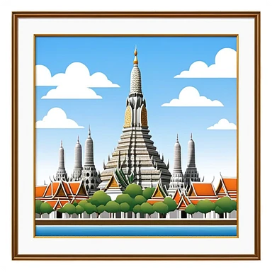 Cinematic Realistic Wat Arun Landmark Emoji, depicting the towering temple spires adorned with intricate porcelain mosaics sticker
