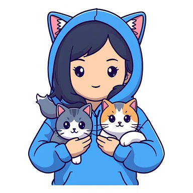 Girl with black hair in gray hoodie with a British shorthair blue and white cat and a long-haired blue and white cat sticker